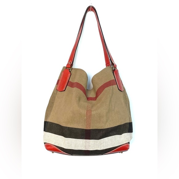 Burberry Maidstone Large Check Canvas Tote Bag Red Leather Trim - Picture 16 of 16